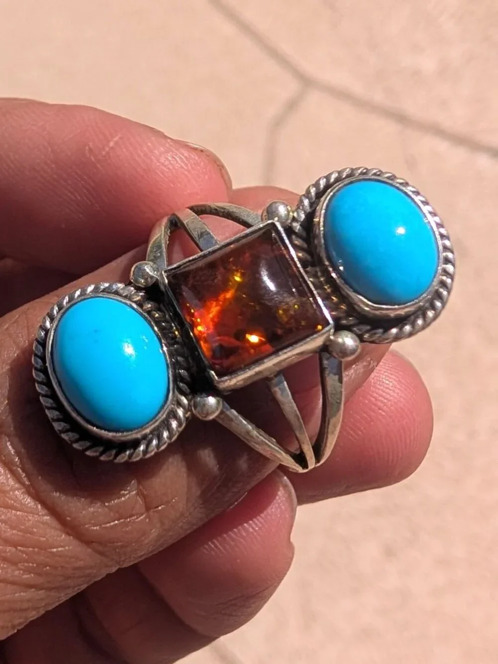 Native American Ring Turquoise & Amber Size 7.5 Sterling Silver 6g Signed RB